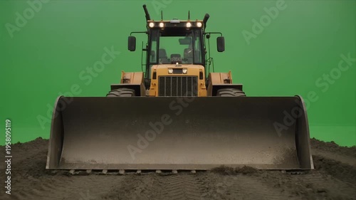 Heavy wheel loader bulldozer driving toward camera on greenscreen dirt.