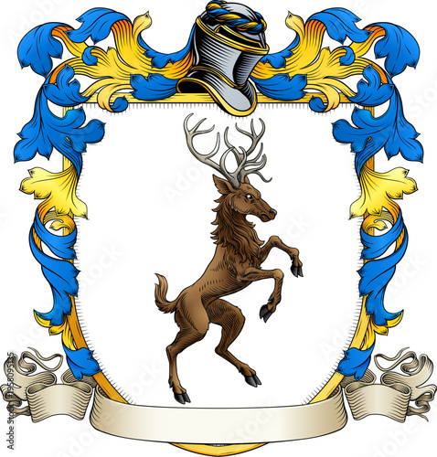 Male deer or stag hart coat of arms or crest family heraldry medieval heraldic knight shield. With helmet and acanthus filigree scroll ornament in a vintage woodcut style.