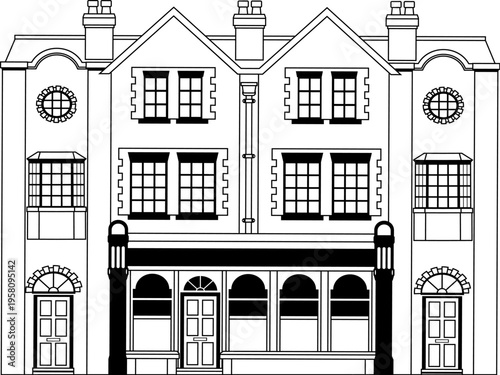 Victorian outline old English house building. Georgian mansion manor style homes. Vintage British architecture facade illustration.
