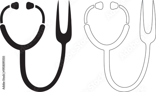 Black stethoscope fork silhouette and outline on white