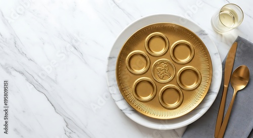 Elegant marble texture background with golden plate cutlery and beverage