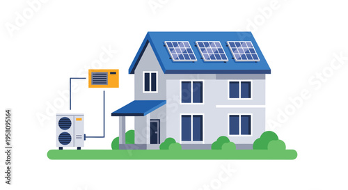 A two-story house with solar panels on its blue roof and an air conditioning system on a green lawn against a white background.