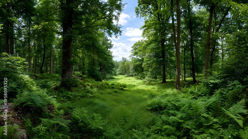 Fototapeta premium Panoramic view of a lush sunlit forest clearing abundant with vibrant ferns and trees