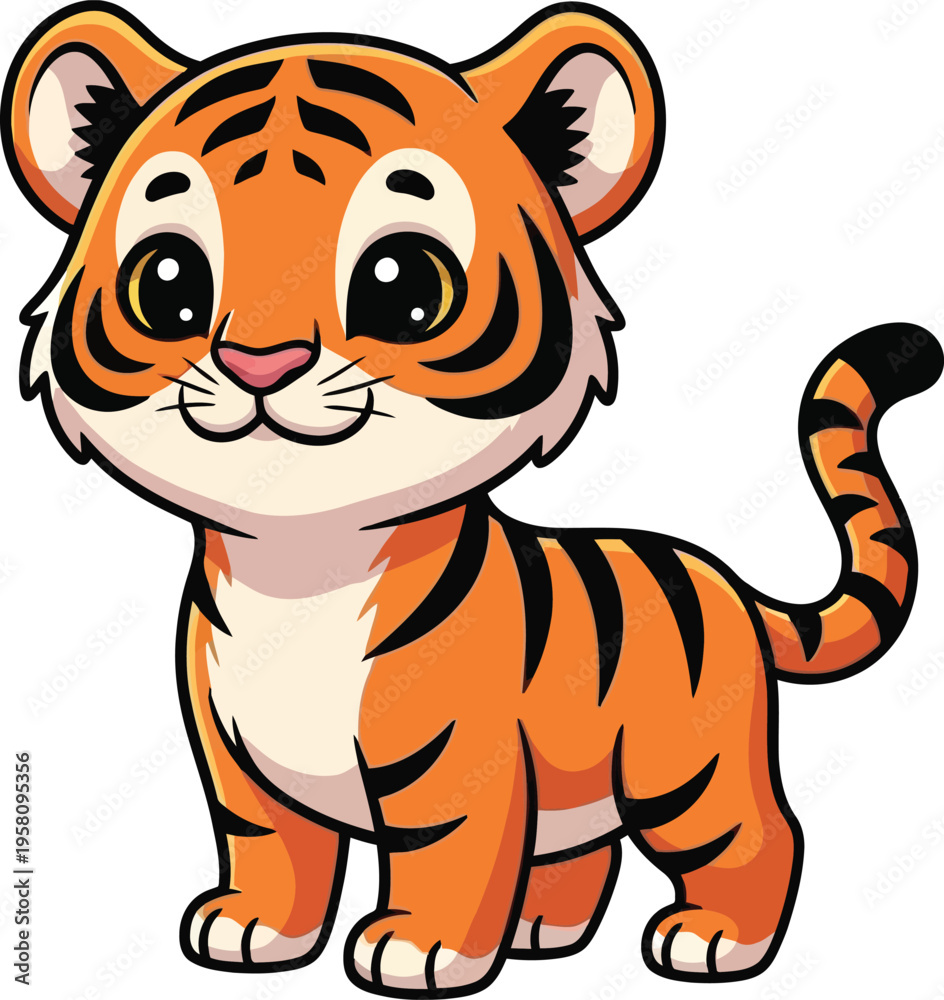 Fototapeta premium Adorable baby tiger cartoon character big eyes cute illustration