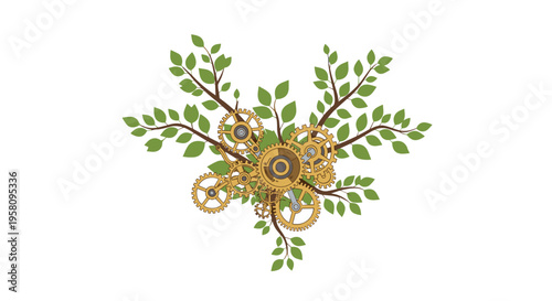 Golden clockwork gears are intricately intertwined with green leafy branches, forming a central design on a white background.