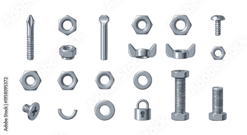 A diverse collection of twenty-one silver metal fasteners, including nuts, bolts, and a padlock, is neatly arranged on a white background.