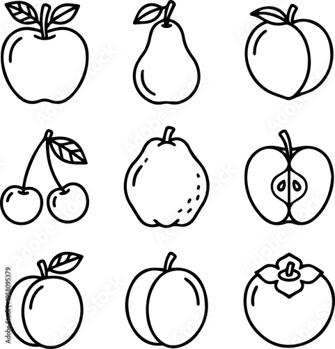 Set of line icons featuring various autumn fruits including apples pears cherries and a persimmon for a grocery list concept
