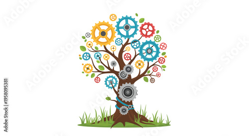 A stylized brown tree with colorful gears as foliage and some gears wrapped around its trunk stands on green grass against a white background.