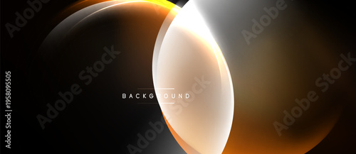 Abstract design features overlapping golden, brown curves. Soft gradients create luminous effect against dark backdrop. Minimalist, modern aesthetic.