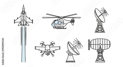 Rocket and helicopter with satellite dishes.