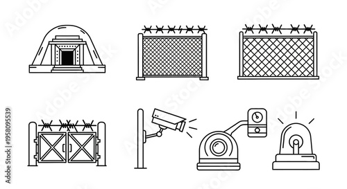 Security camera and fence icons set.