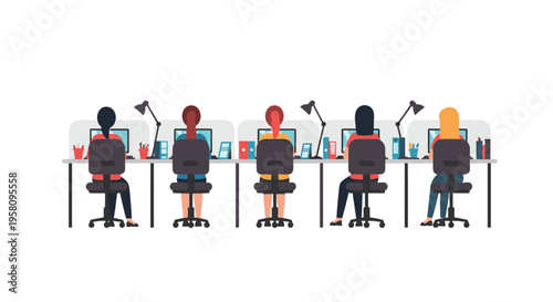 Five individuals are seated from behind at individual white desks with computers and lamps, arranged in a row.