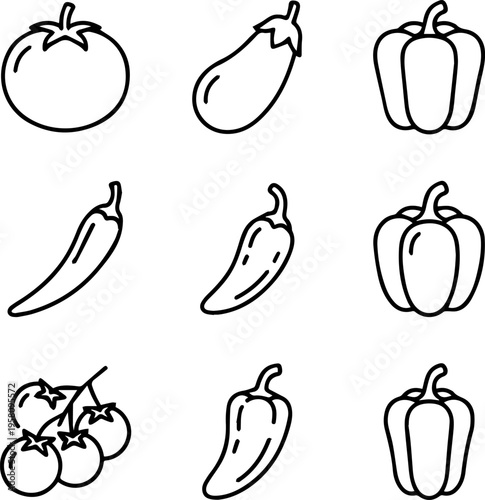 Set of line icons featuring nightshade vegetables including tomato eggplant and bell pepper for a mediterranen cooking class material