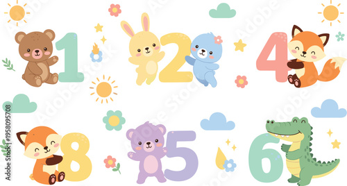 Cute animals numbers set with bear, rabbit, fox and crocodile, kids counting educational cartoon characters vector illustration collection