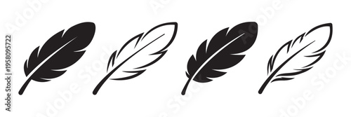 Feather icon set. Black and line bird feather silhouette, Flat vector illustration, Transparent PNG