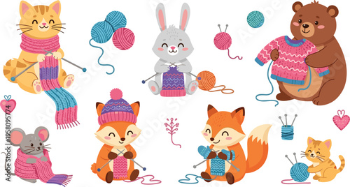 Cute animals knitting and crocheting with yarn balls, cozy handmade hobby characters in winter clothes flat vector illustration set for craft design