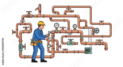 A male worker in a blue uniform and yellow hard hat is tightening a fitting on a complex copper pipe system with wrenches.