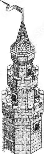 A medieval building map icon isometric illustration in a vintage retro engraved woodcut dots etching style