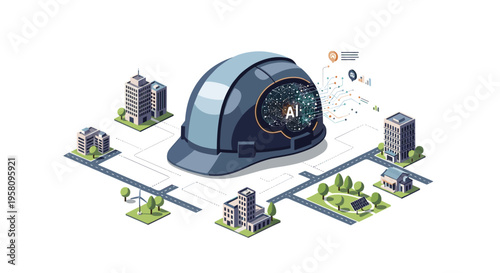 A large gray construction hard hat with a glowing AI brain pattern is surrounded by an isometric city layout with buildings and renewable energy.