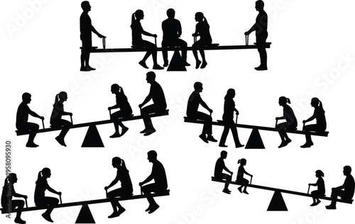 Silhouette people on seesaws, balance concept, children and adults playing, physics leverage, equilibrium illustration, family activity, teamwork, flat vector illustration