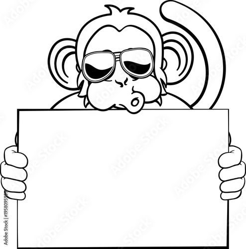 A monkey cool cute happy cartoon character animal wearing sunglasses and holding a blank sign with copy-space