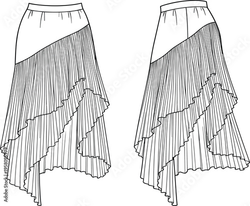 Technical fashion illustration of a woman skirt with asymmetrical waistline, tiered pleated layers, ruffled hemline, and high low hem design