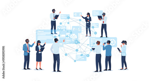 Eight business professionals, some wearing VR headsets, are interacting with a complex network of data and graphs in a virtual space.