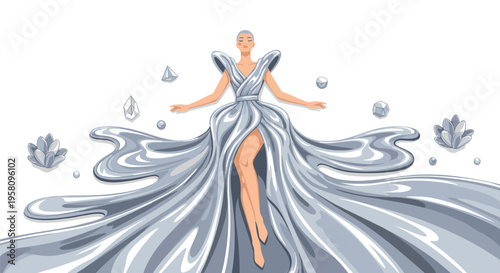 A bald woman with closed eyes floats gracefully in a voluminous silver gown, surrounded by geometric crystals.