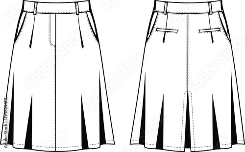 Technical fashion illustration of a women's A-line skirt with godet pleat inserts, front fly closure, belt loops, and back pockets