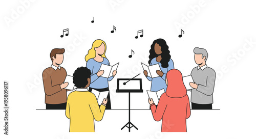 Six diverse individuals are singing from sheet music with a conductor's stand, accompanied by floating musical notes.