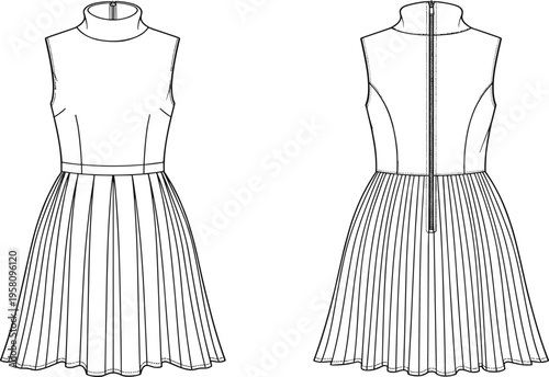 Technical fashion illustration of a sleeveless mini dress featuring a high turtleneck, fitted bodice, pleated flared skirt, and back zipper