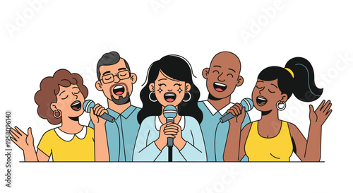 Five diverse individuals are joyfully singing into individual microphones, expressing delight.