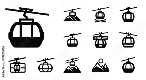 Cable car icon set with mountain gondola lift symbols and ski resort transport silhouettes alpine ropeway carriage graphics for winter tourism maps and outdoor recreation activity navigation guides