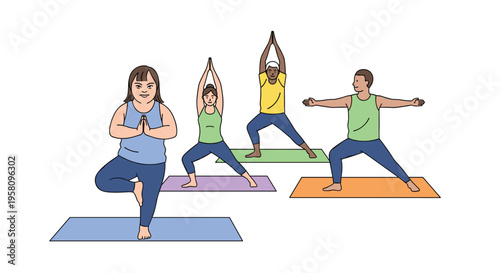 Four diverse individuals practice various yoga poses on colorful mats against a plain white background.