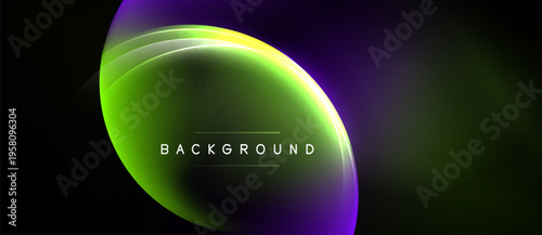 Abstract vibrant layers create flowing gradient effect. Dark background emphasizes luminous curves, text present. Modern design.