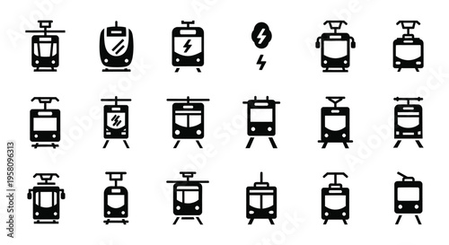 Tram icons and symbols city transport vehicles light rail electric tramway streetcar trolleybus urban public transportation system elements vector