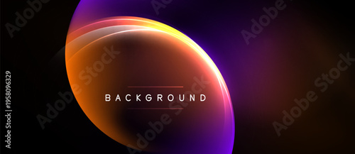 Abstract design features vibrant orange, purple gradients. Central oval shape contains text BACKGROUND. Dark backdrop enhances luminosity.