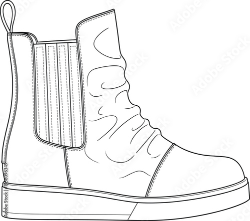 Technical fashion illustration of a women's Chelsea ankle boot featuring a platform sole, elastic side panels, pull tab, and slouchy leather detail