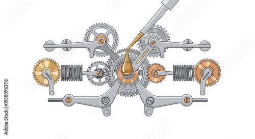 A golden oil droplet lubricates a complex arrangement of gears, springs, and levers against a white background.