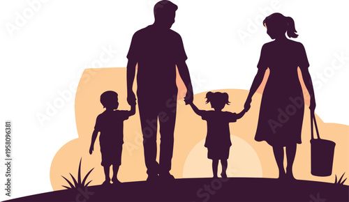 Silhouette of family standing together on grassy hill with sunset warm orange background unity connection vector design illustration