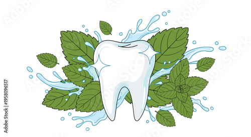 A sparkling white tooth is surrounded by green mint leaves and dynamic splashes of fresh water.
