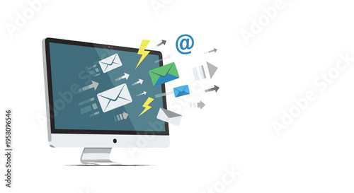 Various email envelopes and symbols are rapidly flying out from a desktop computer screen.