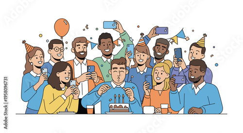 A diverse group of people are celebrating a birthday, taking photos with smartphones around a cake.