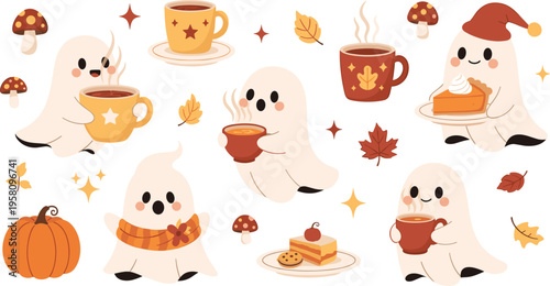 Cute autumn ghost set with coffee, pumpkin and cozy fall treats, halloween cartoon characters enjoying seasonal drinks and desserts vector illustration collection