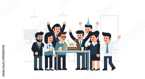 A diverse group of eight office workers is celebrating a birthday with a cake and drinks in an office.