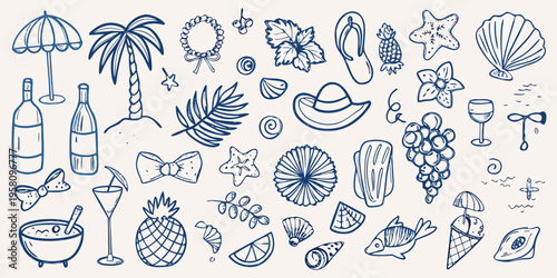 A collection of hand drawn summer themed icons and tropical elements