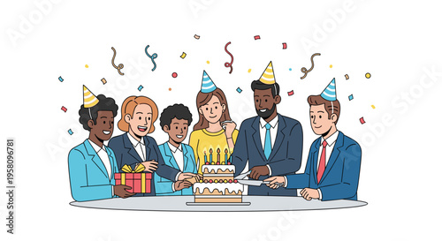 Six diverse business professionals wearing party hats celebrate a birthday by cutting a two-tier cake with lit candles.