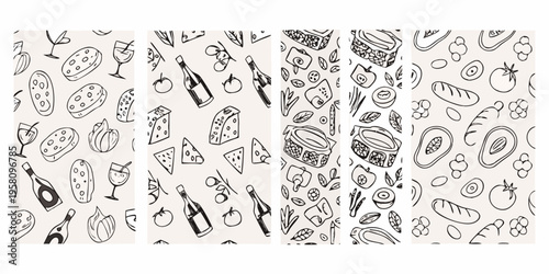 Hand drawn picnic themed patterns with food and drink illustrations