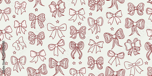 Seamless pattern of hand drawn bows and stars in reddish brown tones
