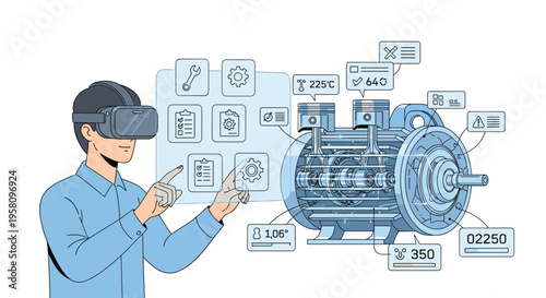 A man wearing a VR headset interacts with holographic displays showing a detailed engine diagram and various data points.